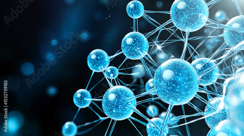 An interconnected network of vibrant blue atoms forms a complex structure against a dark blurred background.