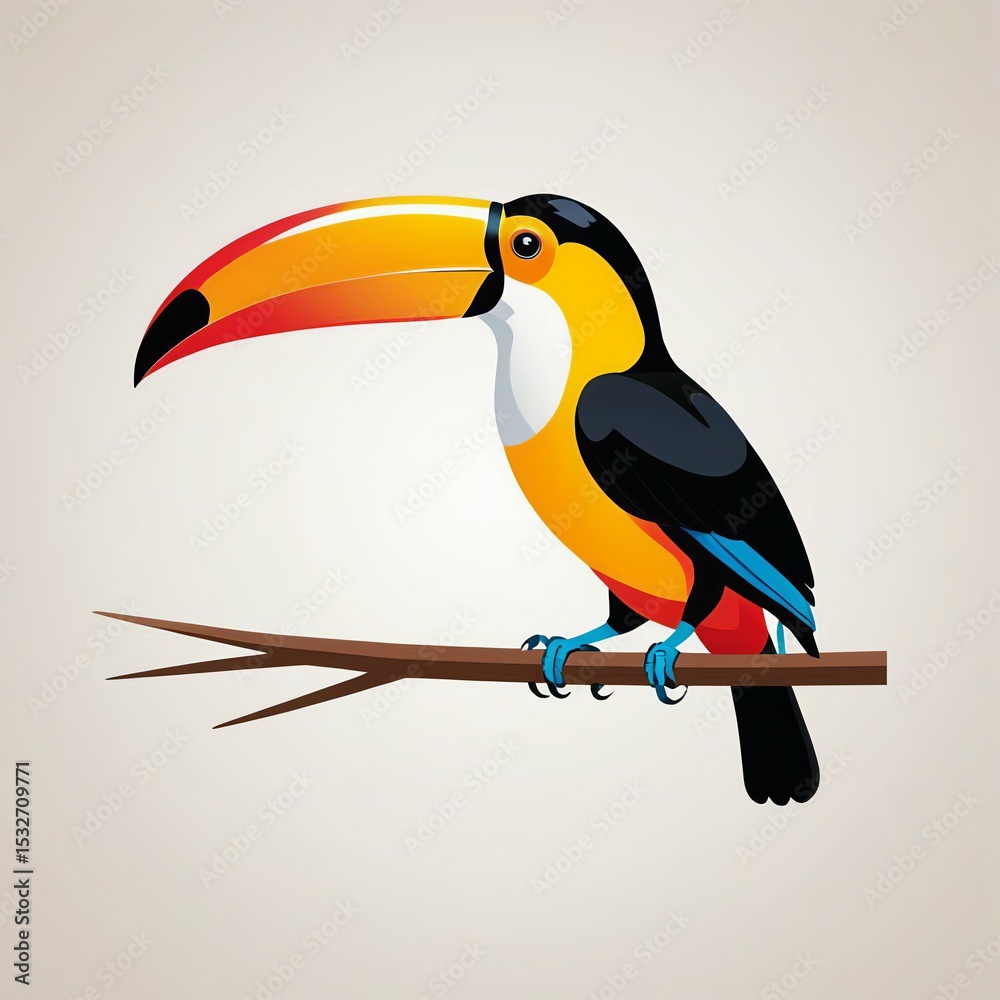 Obraz premium A Playful Design of a Toucan Resting on a Branch, Emphasizing Its Unique Features and Colors