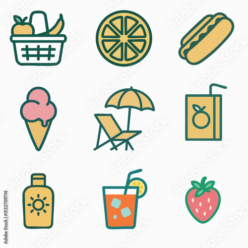 Summer Vibes Icon Set – Refreshing Food and Fun Elements
