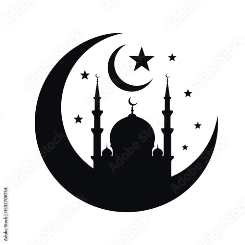A Stylized Black Silhouette of a Mosque Crescent Moon, Star, and Night Sky Design