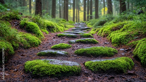 Mossy Stone Path with Forest Trail.