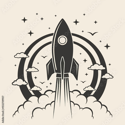 Stylized Black Rocket Ship Launching into Space A Vintage Illustration