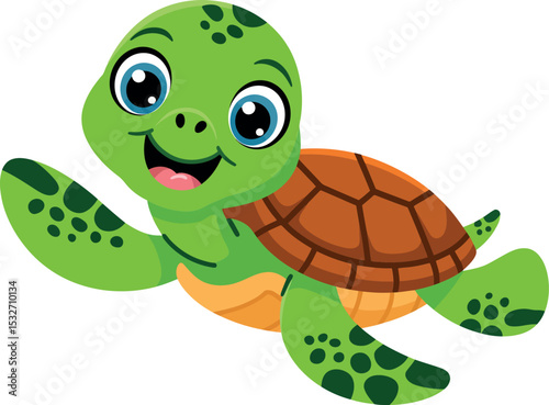 Cute cartoon sea turtle with happy expression vector illustration.