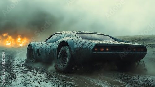 Mudsplattered car fleeing fire.