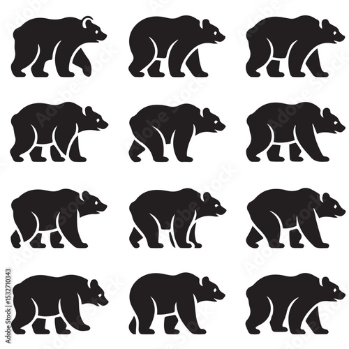 Twelve Black Bear Silhouettes Walking Growing Stages Wildlife Animal Graphic Design Elements