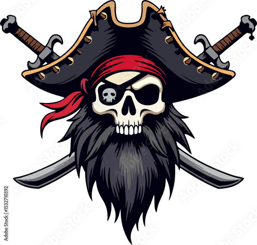 Bearded Pirate Skull with Crossed Swords and Eye Patch – Vector Logo Illustration