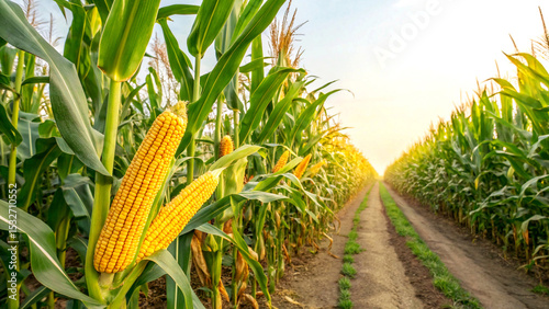 Corn field during in sunny day in the blue sky background