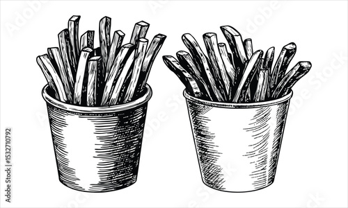 Two cups of french fries isolated on white background