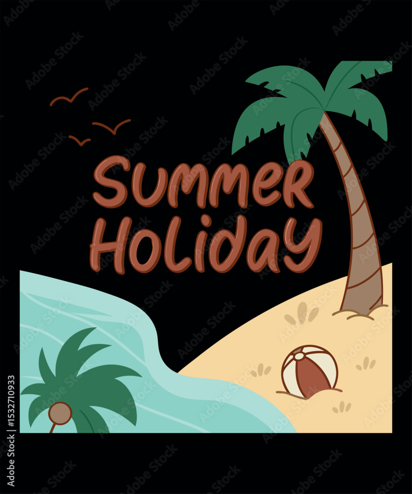 Naklejka premium Vintage Summer Vacation Poster with Beach and Palm Tree Illustration