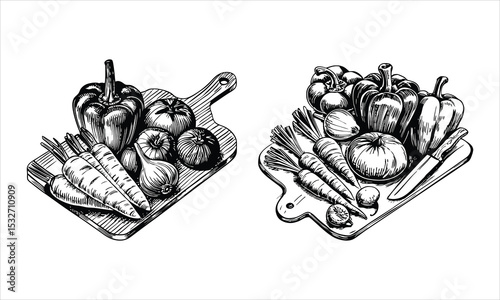Fresh vegetables on cutting boards isolated on white background