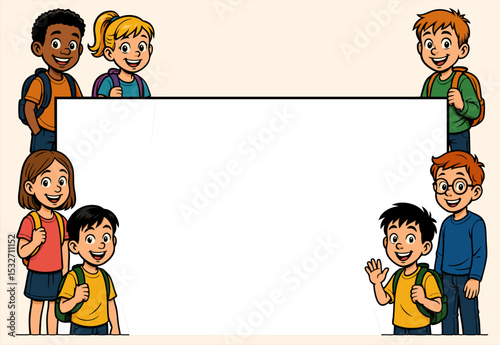 Group of cheerful school children gathered around a blank poster.