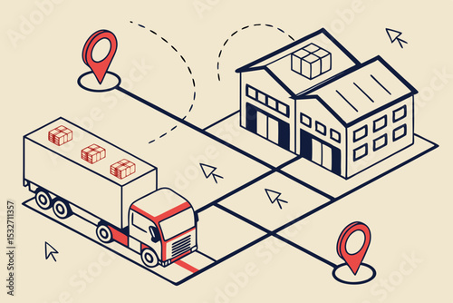 Flat vector showing cargo truck fleet connecting warehouse delivery route
