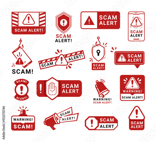 Scam alert warning sign red caution badge design template set vector flat illustration