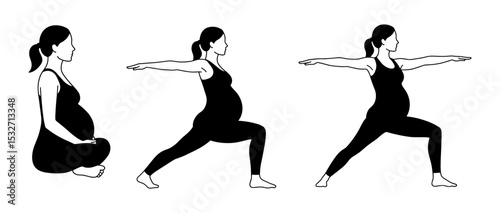 Pregnant woman practicing yoga in several poses as vector silhouette, promoting prenatal fitness, calm focus, health, and balanced motherhood routine

