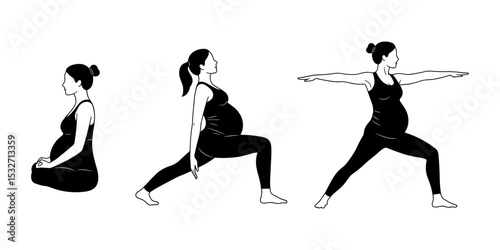 Pregnant woman practicing yoga in several poses as vector silhouette, emphasizing prenatal wellness, strength, calm focus, and balanced motherhood journey

