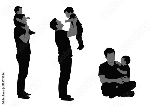 Vector silhouette of a man holding a baby in different poses, showing love, tenderness, and the deep emotional bond between a parent and their child