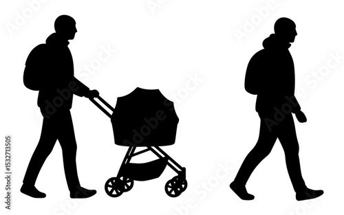 Silhouettes of people walking with a baby stroller in vector style, illustrating a family outing and daily parent-child bonding time.
