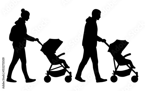 Vector silhouette of a family walking with a baby stroller, symbolizing love, unity, and parenthood in a clean black and white illustration.
