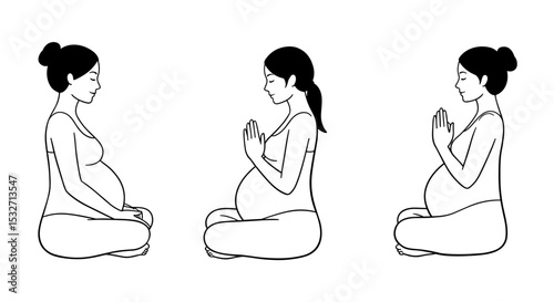 Pregnant woman illustrated in three different poses using elegant line art vector style, emphasizing simplicity, femininity, and the stages of motherhood.
