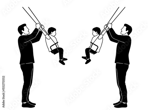 Father and son swinging joyfully together, captured in a playful vector art illustration symbolizing happiness, fun, and a strong family bond.
