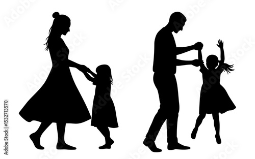 Silhouettes of a family joyfully dancing together against a vibrant background, expressing fun, celebration, and emotional family unity.
