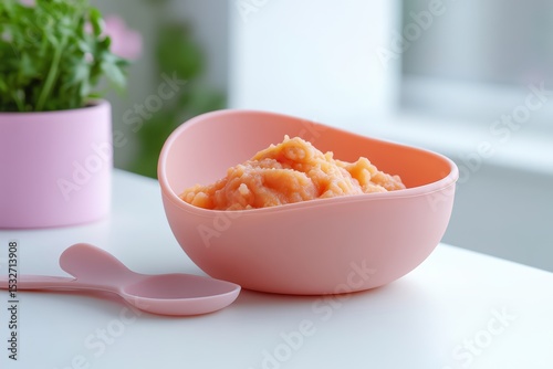  Peach-colored fruit purée in pink bowl with matching spoon, soft texture and playful color theme reflect baby-friendly meal