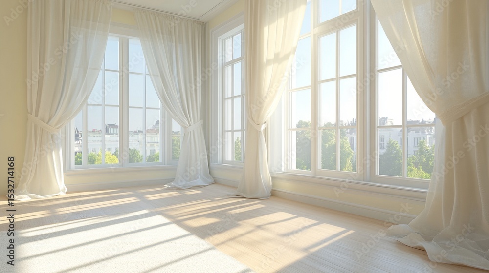 Fototapeta premium Bright and inviting empty room featuring large windows draped with white sheer curtains, allowing soft natural light to flood the space, perfect for interior design concepts.