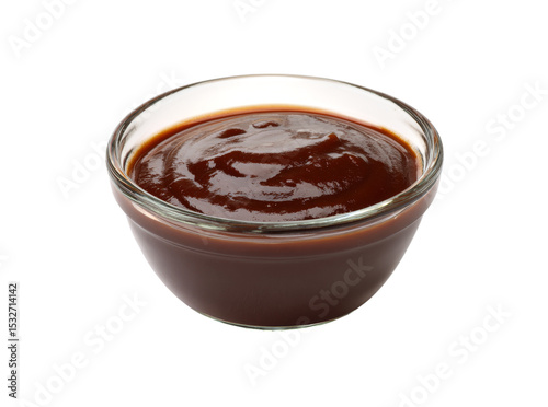 Delicious thick brown barbecue sauce in glass bowl, Isolated On Transparent Background