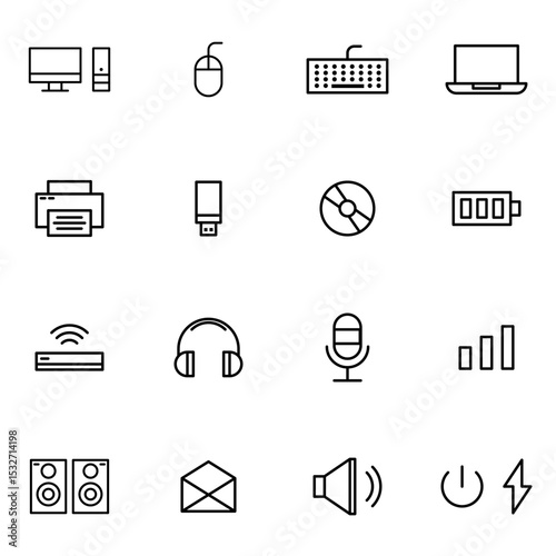 Computer Equipment Icon Set: Vector Illustrations of Computer, Electronic and Internet Desk Equipment - Perfect for Business, Work and Productivity Design Projects