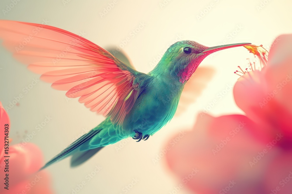 Fototapeta premium Hummingbird feeding from pink flower, emerald green feathers glowing, wings frozen mid-air with dreamy pastel background