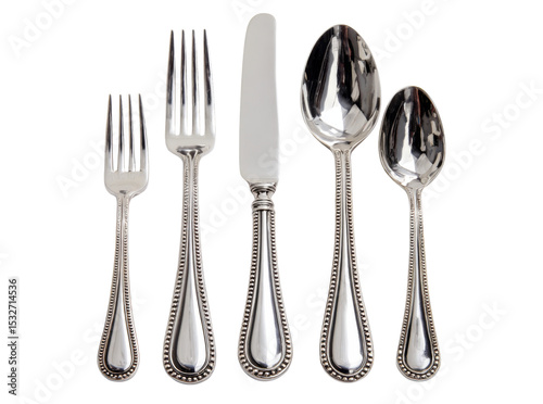 Elegant silverware set beaded design dinnerware flatware, Isolated On Transparent Background