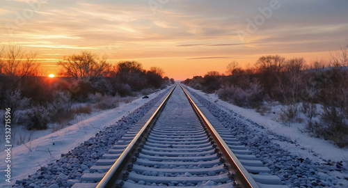 A railroad track stretches into the distance against a vibrant sunset sky, Generative AI.