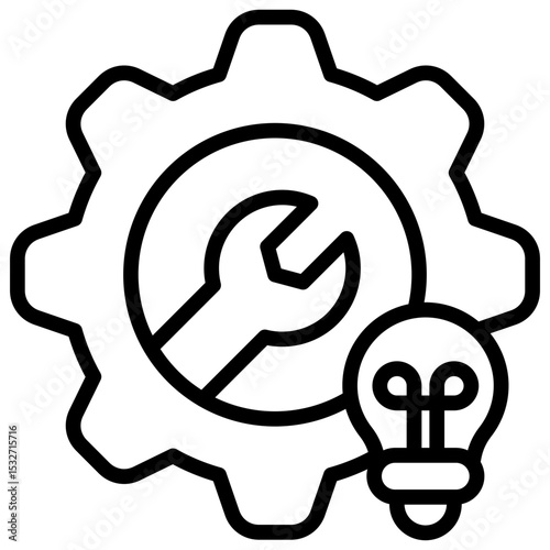 Innovation Training Outline Style Icon - Gear with wrench and bulb illustrates trainee innovation through technical learning