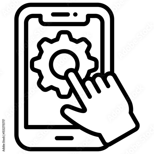 Interactive Practice Outline Style Icon - Gear and hand on smartphone shows interactive mobile learning or skill simulation for trainees