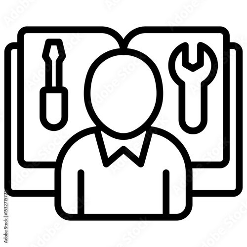 Instructor Guide Outline Style - Person in front of open book with tools indicating guided training by an instructor or mentor