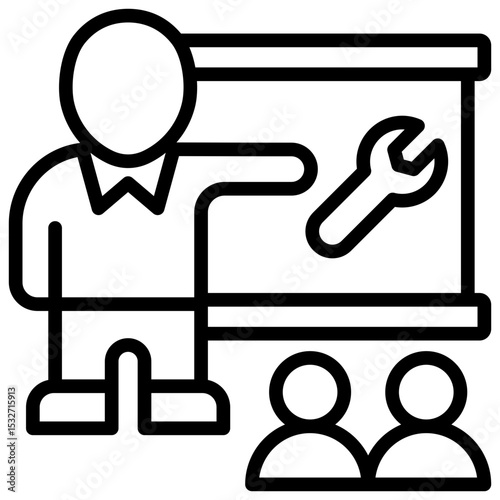 Technical Training Outline Style Icon - Instructor pointing at wrench with trainees shows skill-based technical learning session