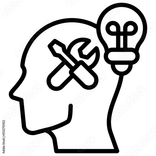 Technical Mindset Outline Style Icon - Head with wrench and bulb shows thinking process and innovation development during trainee learning