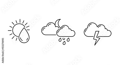 Weather Icons Sun, Rain, Storm - Minimal Line Art Graphics