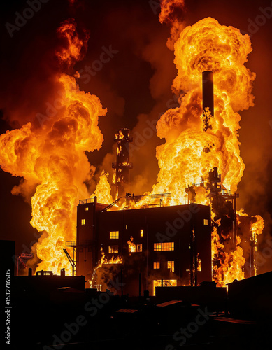 A dramatic scene unfolds at night as towering flames engulf a factory building, with billowing smoke and a plume rising into the sky  photo
