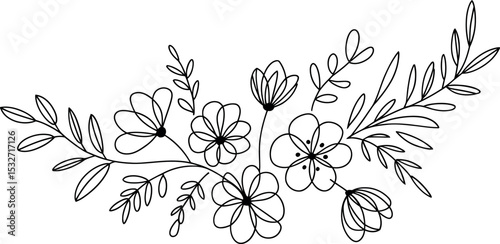 Outline drawing of flowers and leaves vector art illustration.