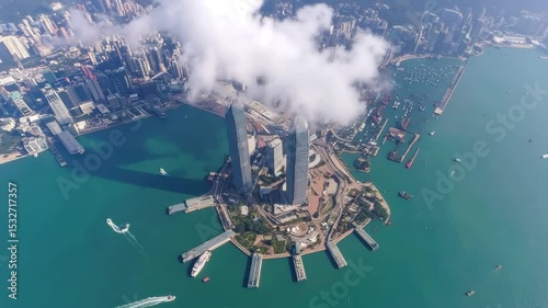 Aerial view of modern urban skyline.