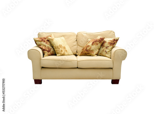 Elegant cream sofa with floral pillows isolated on black background, Isolated On Transparent Background