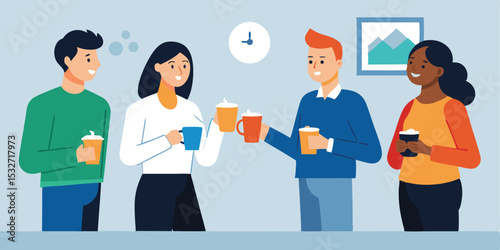 Colleagues enjoying coffee break together office teamwork