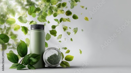 A mockup of an energy drink bottle, surrounded by green leaves and tea powder.