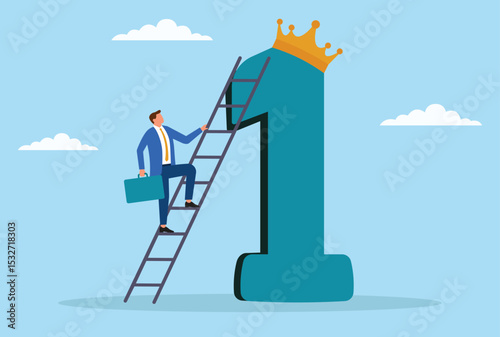 Vector illustration of a businessman climbing a ladder toward a 1st place award and crown, symbolizing ambition, hard work, progress, and the pursuit of success and leadership
