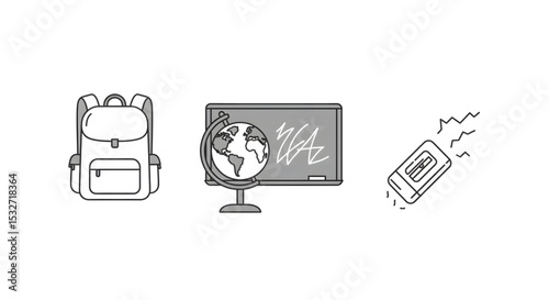 Backpack, Globe, Blackboard, and Book Education and Learning Icon Set