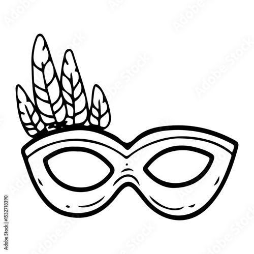 Carnival mask with feathers. Hand drawn doodle vector. Secret face. Masquerade costume accessory. Festival decoration. Fashion, vintage style. Illustration line art element.