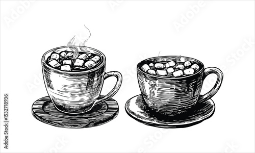 Two cups of hot cocoa with marshmallows isolated on white background