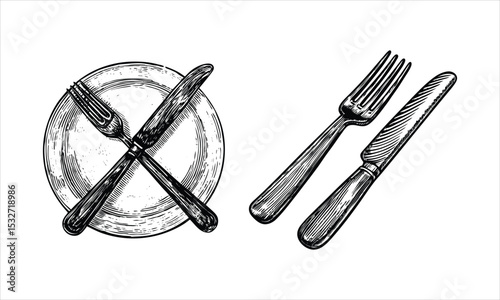 Fork and knife with plate isolated on white background