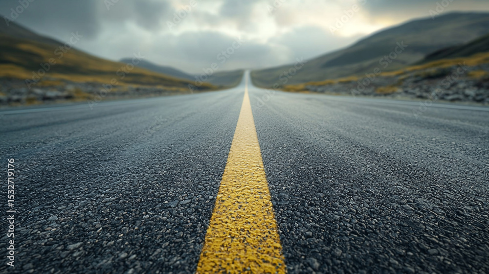 Fototapeta premium A long asphalt road with a yellow line stretching into the distance under a cloudy sky landscape